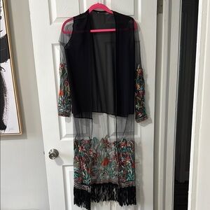 Floral Embroidered Sheer Kimono with Fringe